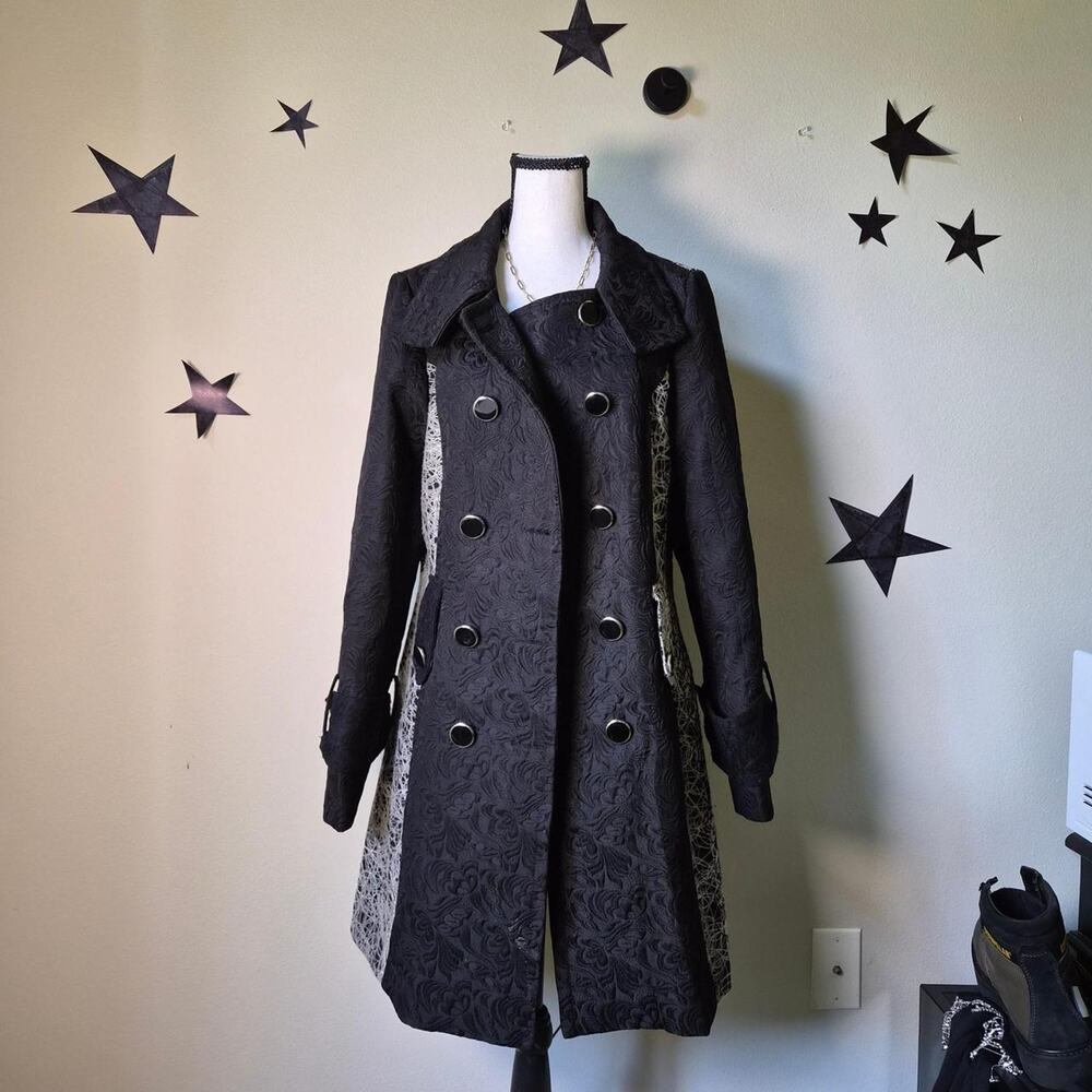 Papillon Black Brocade‎ Trench Steampunk Gothic Victorian Dark Academia Damask L